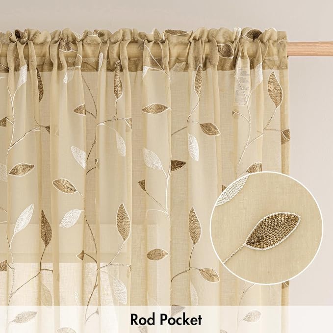 MIULEE Beige Sheer Curtains 2 Panels Embroidered Leaf Patterned Rod Pocket Floral Semi Sheer Faux Linen Window Curtains Drapes Set for Living Room Bedroom Dining Room, 52x84 Inches Long
