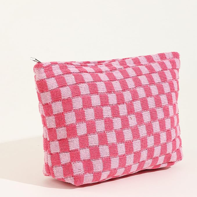 Cosmetic Bags for Women - Corduroy Cosmetic Bag Aesthetic Women Handbags Purses Smile Dots Makeup Organizer Storage Makeup Bag Girls Case Bags (Q-Checkered pink)