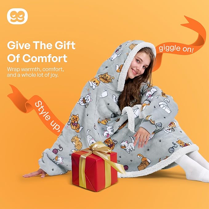 Giggling Getup Wearable Blanket Hoodie for Adults Gifts for Teen Girls Sister Women Sherpa Fleece Printed Hooded Blanket Sweatshirt Warm Cozy with Pocket & Sleeves Grey Cat