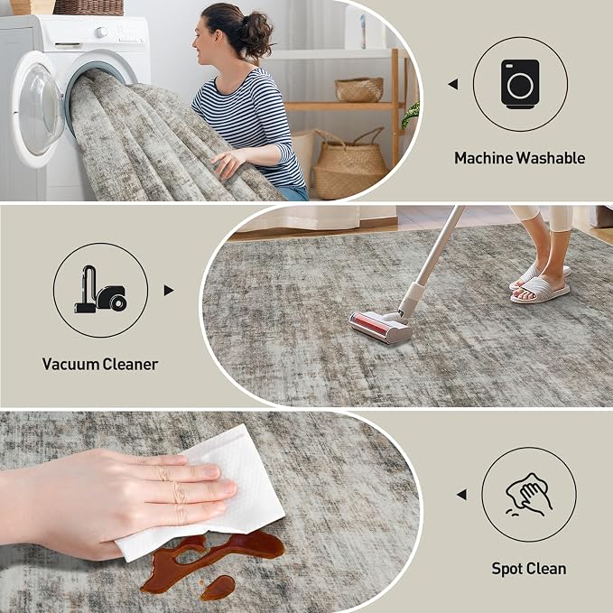 5x7 Area Rugs Washable Rug: Modern Abstract Living Room Rug Soft Anti-Skid Thin Carpet Indoor Floor Non-Shedding Carpets for Bedroom Dining Room Farmhouse Nursery Home Office Brown Black
