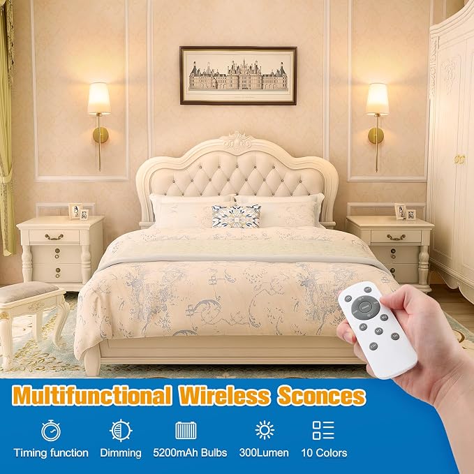 25.4 inch Battery Operated Wall Sconce Set of 2,Gold Rechargeable Wall Lights with 10400mAh Dimmable Detachable Bulbs and Remote,9 Colors Wireless Sconces for Bedroom Living Room Hallway
