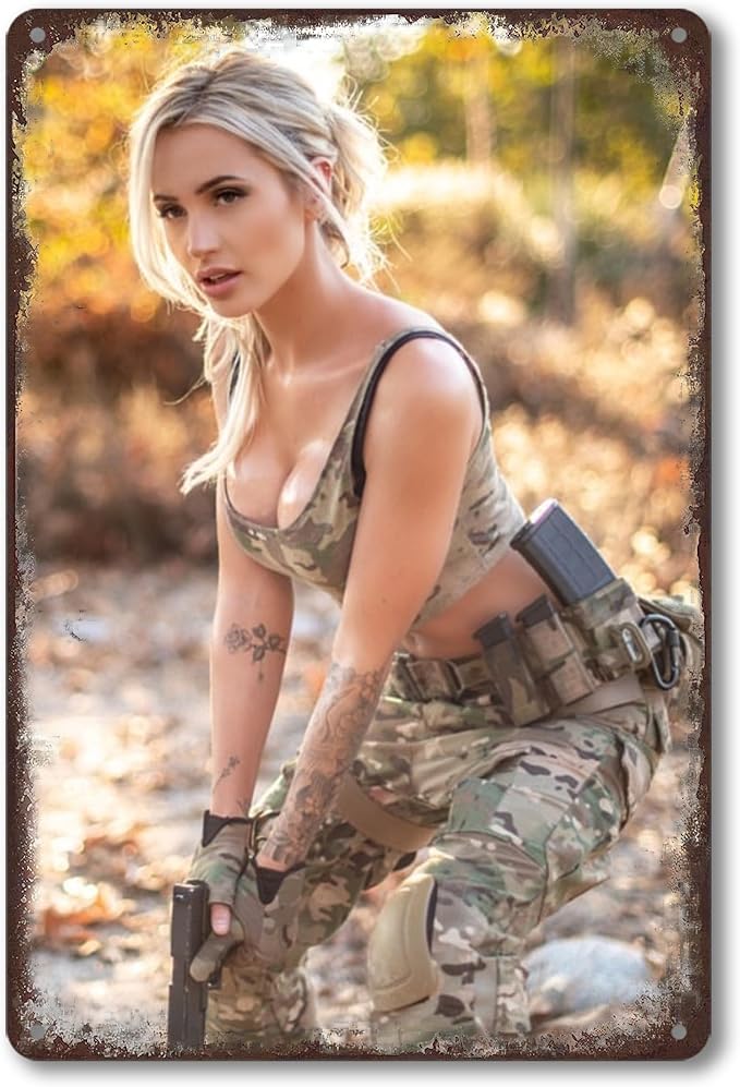 8 * 12inches Vintage Metal Tin Sign for Home Bar and Garage Wall Decor with Sexy Girl and Gun - Ideal Gifts for Men, Dad, and Teen Boys Brown