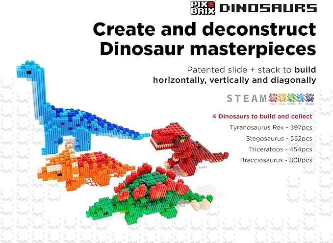 Pix Brix Pixel Art Puzzle Bricks - Dinosaur Series, Triceratops - Patented Building Brick Set to Recreate Your Favorite Dino, Includes 454 Pieces - Create 3D Builds Without Water, Iron or Glue