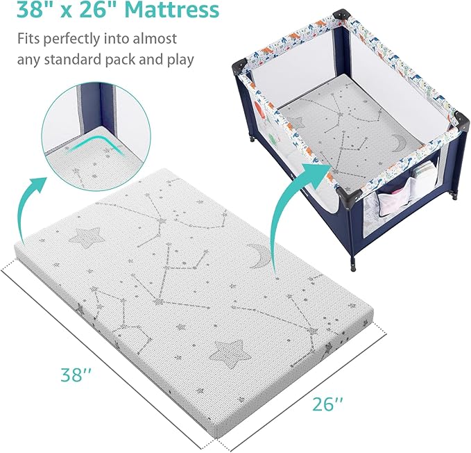 YENING Pack and Play Mattress Topper Baby Pack N Play Mattresses for Playpen and Playard with Washable Cover 38"x26"x1", 1 Pack Firm Foam