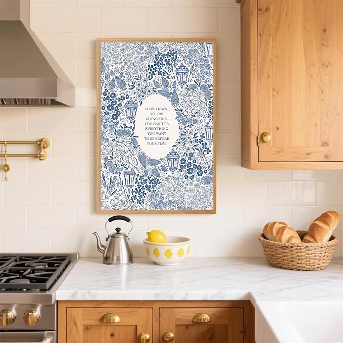 Slow Down You're Doing Fine Music Poster Motivational Song Lyric Blue Wall Art Vintage Positive Quote Daily Reminder Floral Canvas Print for Office Bedroom Home Decor 8x12inch Wooden Framed