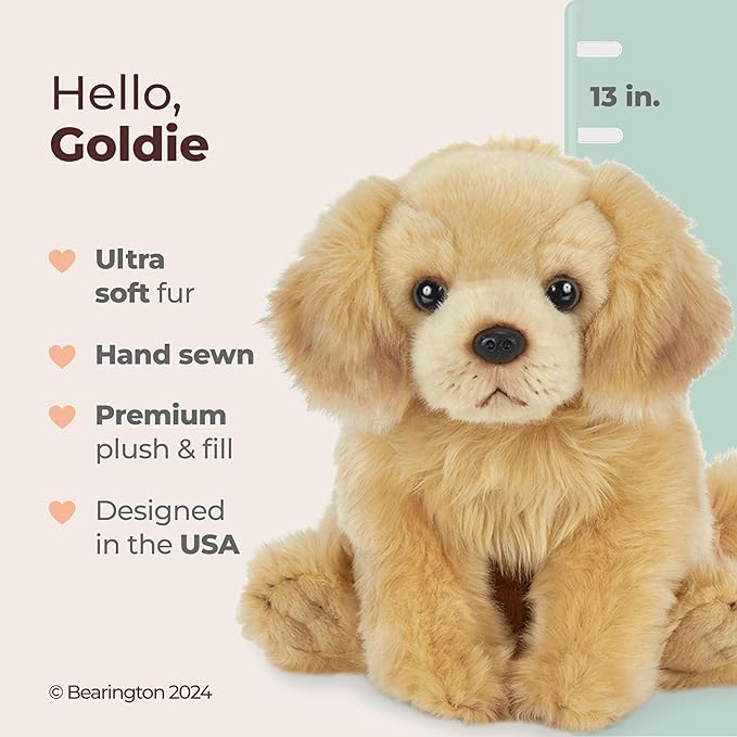 Bearington Dog Stuffed Animal Realistic Dog Plush Golden Retriever Puppy Plushies for Kids, Boys & Girls - Goldie 13"