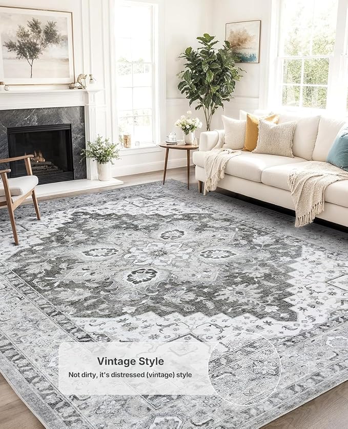 AMADA HOMEFURNISHING 5x7 Area Rugs, Washable Living Room Rug Low-Profile with Non-Slip Backing & Durable Edge Binding, Vintage 5x7 Rugs for Living Room, Bedroom, Dinning Room