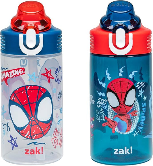 Zak Designs Marvel Spider-Man Sage Kids Water Bottle For School or Travel, 16oz Durable Plastic Water Bottle With Straw, Handle, and Leak-Proof Spout Cover, 2-Pack (Spidey and His Amazing Friends)