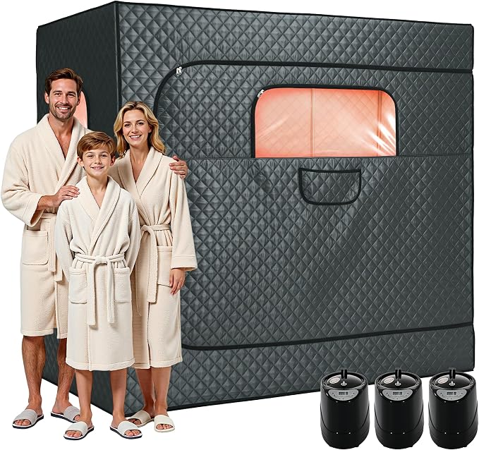 Albott 3 Person Steam Sauna for Home, Portable Sauna Tent with 3L 1500W Steamer, Extra Large Size 6.6’ x 3.3’ x 5.8’ Full Body Home Spa, Remote Control, Folding Chair, Grey