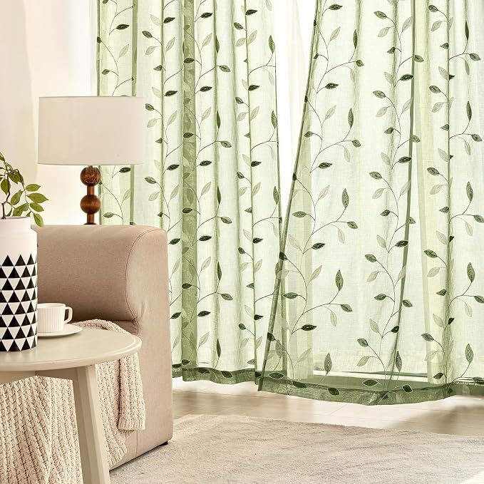 MIULEE Sage Green Sheer Curtains 2 Panels Embroidered Leaf Patterned Rod Pocket Floral Semi Sheer Faux Linen Window Curtains Drapes Set for Living Room Bedroom Dining Room, 52x63 Inches Length