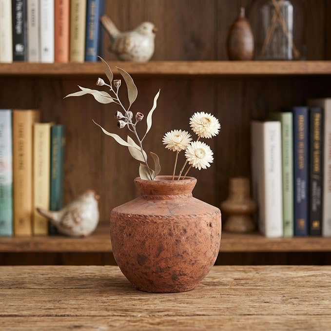 Terracotta Vase, 6 Inch Brown Ceramic Flower Vase for Home Decor Rustic Pottery Vase for Living Room Farmhouse Decor Entryway Fireplace Kitchen Dining Table Centerpiece