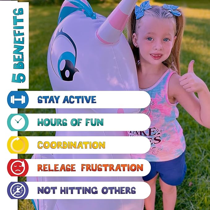 INFLATABLE DUDES Unicorn Toy 47 Inches- Kids Punching Bag| Already Filled with Sand | Bop Bag | Unicorn Ring Toss with 3 Inflatable Rings| | Unicorn Party Decorations| Punching Bag for Kids (Unique)