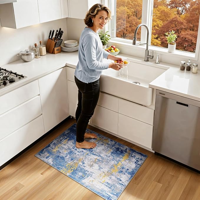 RELEANY Washable 2'x3' Abstract Area Rug for Living Room Blue Gold | carpet for bedroom, kitchen, office, hallway and entryway, printed pattern, non-slip, soft, stain-resistant, easy to clean