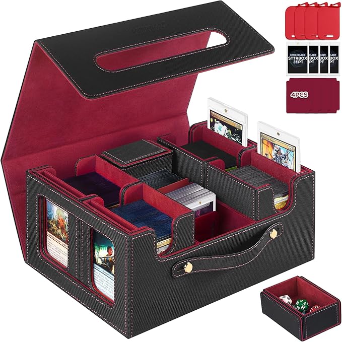 Trading Card Storage Box for MTG, MTG commander deck box，Multi-purpose Deck Case for MTG TCG Sports Card, 4 Toploaders, 4 Stoppers, 4 Colorful Dividers (Black & Red)