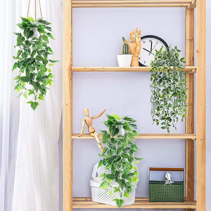 Der Rose 4Pcs Artificial Hanging Plants Fake Vines for Wall Shelf Decor | Fake hanging plant set with white pots, 2 plant styles and 2 of each for shower plants, bathroom walls and bedroom shelves