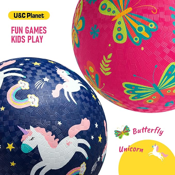 U&C Planet 2 Pack Playground Balls for Toddler Kids, 6 inch 8.5 inch Cartoon Rubber Balls with Pump, Dodgeball Kickball for Outdoor & Indoor Game, Great Gift for Boys Girls Aged 1 and Above