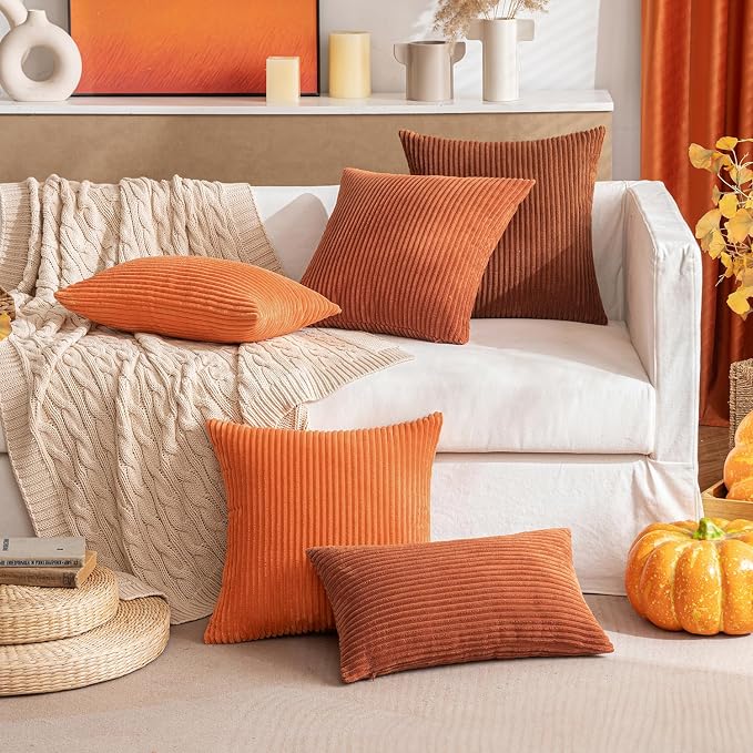 MIULEE Fall Soft Corduroy Throw Pillow Covers Set of 2 20x20 Dark Rust | Decorative Striped Textured Cushion Cases, Boho Rustic Square Pillowcases, Home Decor for Couch Chair Sofa Bed Living Room