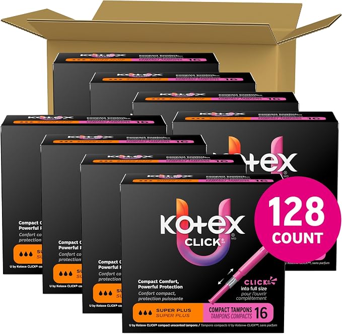 U by Kotex Click Compact Tampons, Super Plus Absorbency, Unscented, 128 Count (8 Packs of 16) (Packaging May Vary)