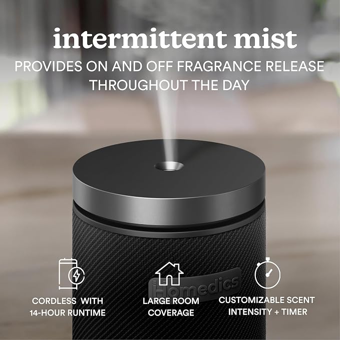 Homedics SereneScent Waterless Essential Oil Diffuser, Cordless Rechargeable Aromatherapy Diffuser for Home, Large Room Scent Machine, Timer, App Control, 6 LED Lights, No Water Needed, Black