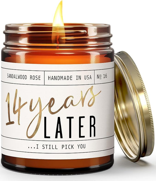 14 Year Anniversary Gift for Her - '14 Year Later' Candle, w/Sandalwood Rose - infused w/Essential Oils I 14th Anniversary Gifts for Wife I 14 Year Wedding Anniversary Gifts I 50Hr Burn I USA Made