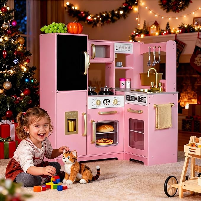 Play Corner Kitchen, Ultimate Interactive Wooden Kids Playset with Light, Light, Montessori Pretend Play Toys, Kids Cooking Playset for Girls & Boys Ages 3+(Pink)