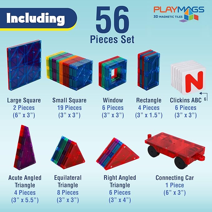 Playmags Magnetic Tiles Building Set 56 Pcs Set with Car - Super Durable Magnet Blocks, STEM Development Kids Building Toys for Boys Girls & Toddlers