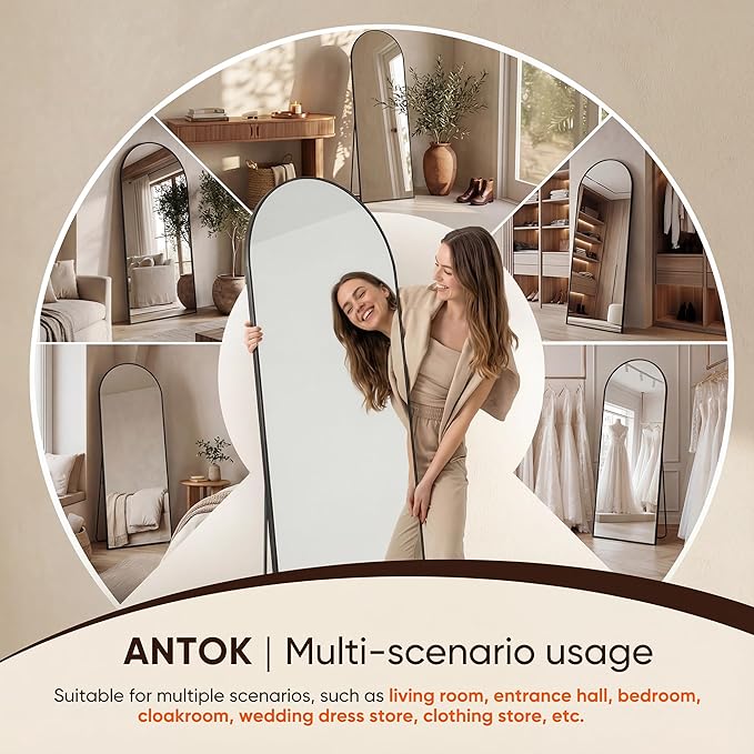 Antok 68" x26” Arched Full Length Floor Mirror, Black Aluminum Frame, Free Standing/Wall Mount/Leaning for Bedroom, Living Room, Dressing Room