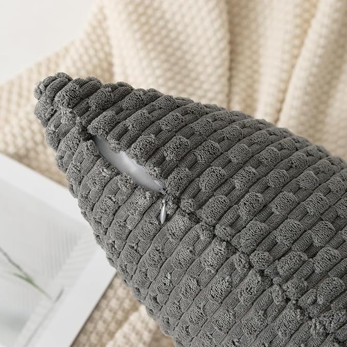Kevin Textile Soft Corduroy 14"x22" Lumbar Pillow Cover 1 Pack, Dark Grey | Boho Stripe Plush Corduroy Decorative Oblong Cushion Cover Modern Farmhouse Home Decor for Sofa Couch Bed Chair