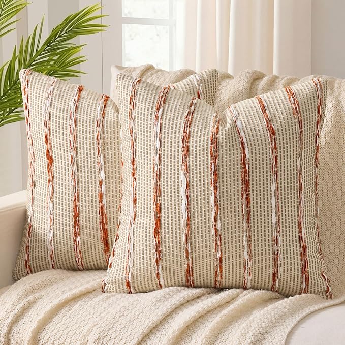 ANRODUO Boho Decorative Throw Pillow Covers Rust Stripe 18x18 Inch Set of 2 | Woven Chenille Decorative Cushion Case with Striped Farmhouse Accent Neutral Pillowcase for Couch Sofa Bed Living, Room Decor