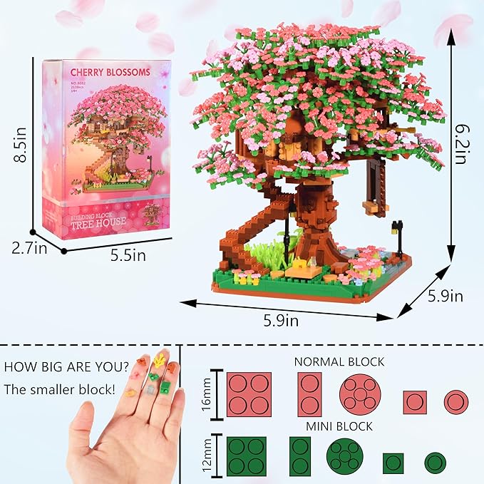 Cherry Blossom Tree Building Block Set Gift for Adults Girls Boys 14+, Cherry Bonsia Treehouse Micro Building Blocks, Japanese Sakura Flowers House 2138PCS