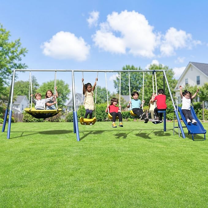 Sportspower 800lbs ‘Swing & Play’ Metal Swing Set for Backyard & Outdoors, 2 Swings & Standing Swing, 2-Person Glider, 2-Person Saucer, 5ft Slide, Bonus Anchors, 6-YR WRTY, 6.1' Tall