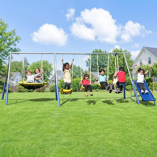 Sportspower 800lbs ‘Swing & Play’ Metal Swing Set for Backyard & Outdoors, 2 Swings & Standing Swing, 2-Person Glider, 2-Person Saucer, 5ft Slide, Bonus Anchors, 6-YR WRTY, 6.1' Tall