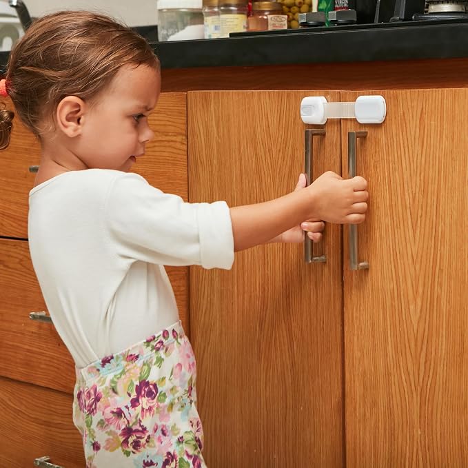 Child Safety Strap Locks (12 Pack) Baby Locks for Cabinets and Drawers, Toilet, Fridge & More. 3M Adhesive Pads. Easy Installation, No Drilling Required, White/Gray