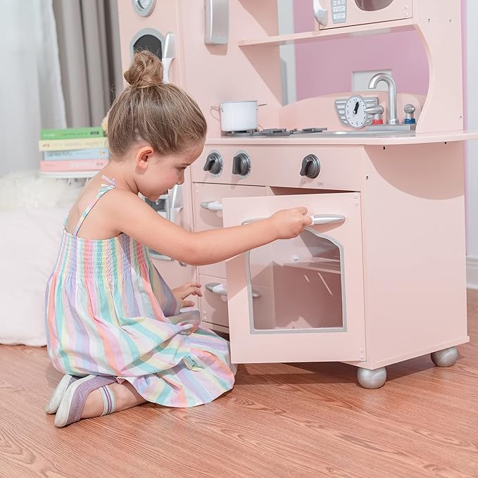 Teamson Kids Little Chef Wooden Westchester Retro Kids Play Kitchen Playset, for Toddlers Child Children Boy Girl, Pink