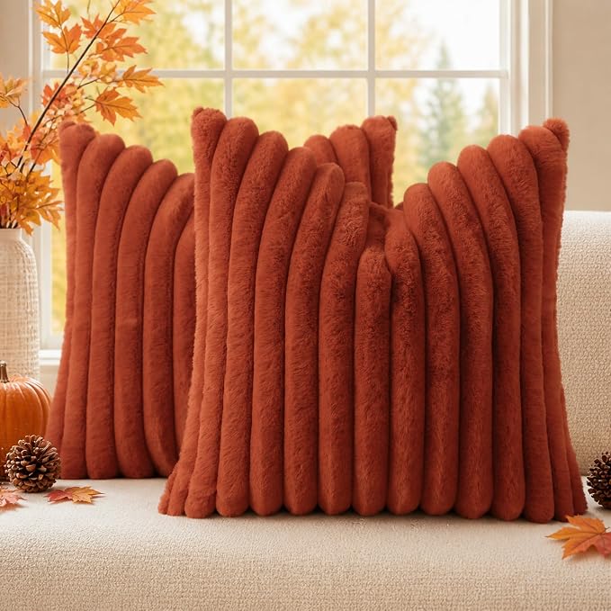 decorUhome Fall Faux Fur Throw Pillow Covers 26x26 Set of 2 Rust | Decorative Soft Cozy Striped Plush Modern Farmhouse Boho Couch Pillow Cases Velvet Back for Sofa Bed Living Room Home Decor