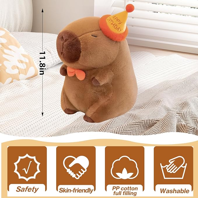 Capybara Plush - 11.8Inch Cute Capybara Stuffed Animal Toy with Birthday Cap- Adorable Soft Capibara Pillow Toy Plushies - Perfect Capybara Gifts for Adults and Kids