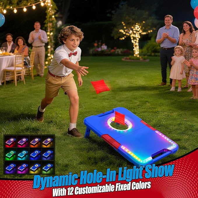 TERRAMUS Light-Up Cornhole Board Set, Corn hole Sets with Sound Effects, 2 Foldable Boards & 8 Bean Bags, Portable Outdoor Toss game, Backyard Party Camping Toys Gifts for Kids,Teens,Family,Ages 6-12+