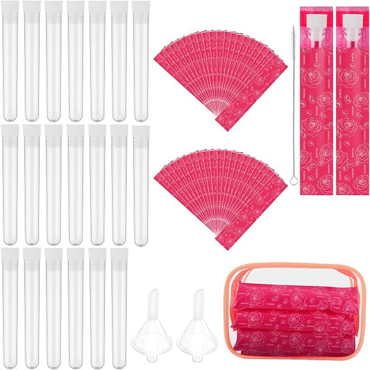 64 Pcs Tampon Flask Set Includes 20 Reusable Plastic Flasks, 40 Wrappers, 2 Funnels, 1 Storage Bag, 1 Straw Cleaner, Leak-Proof Tube Flasks for Cruise Event, Concerts, Festival, Travel, Outdoor Sports