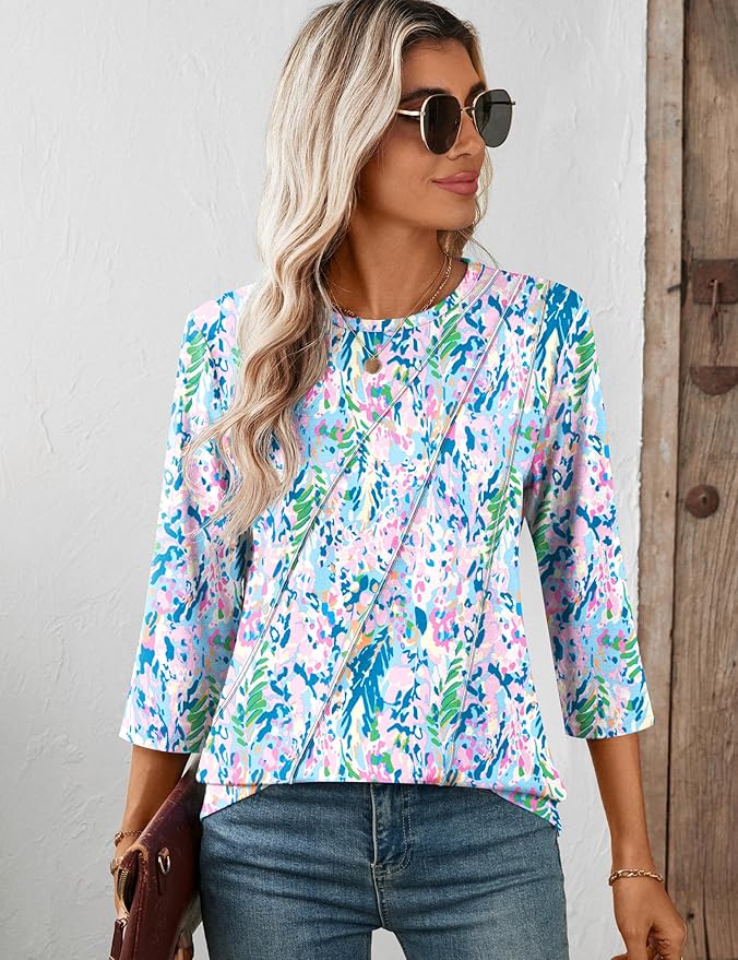 LOMON 3/4 Length Sleeve Womens Tops Spring Summer Fashion 2026 Tops Crew Neck Pleated Shirts Tunic Top Loose Fit