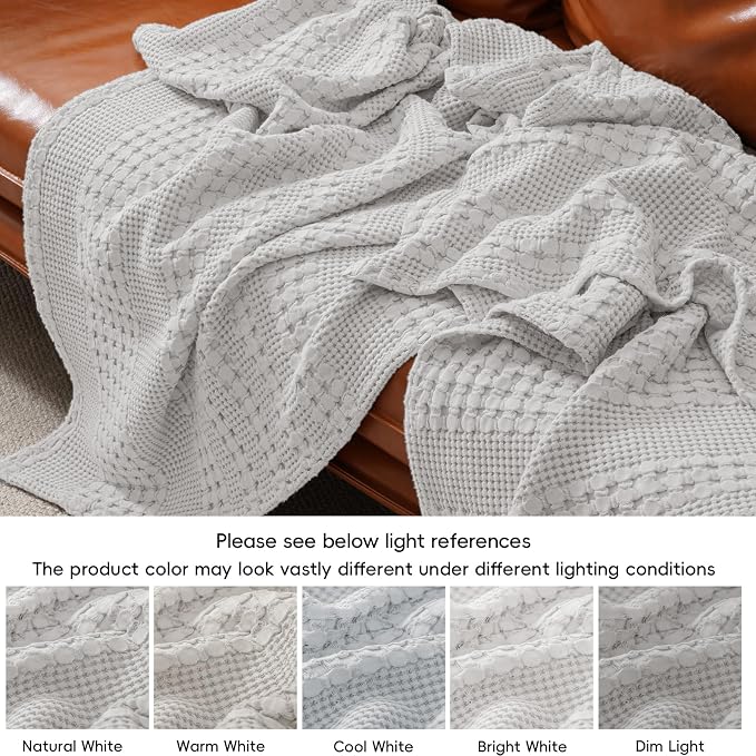 PHF 100% Cotton Waffle Weave Throw Blanket, Lightweight Breathable Summer Blanket for Couch Sofa, Pre-Washed Soft Throws for Bed, Office, Travel & Stylish Home Decor, 50"x60", Light Grey