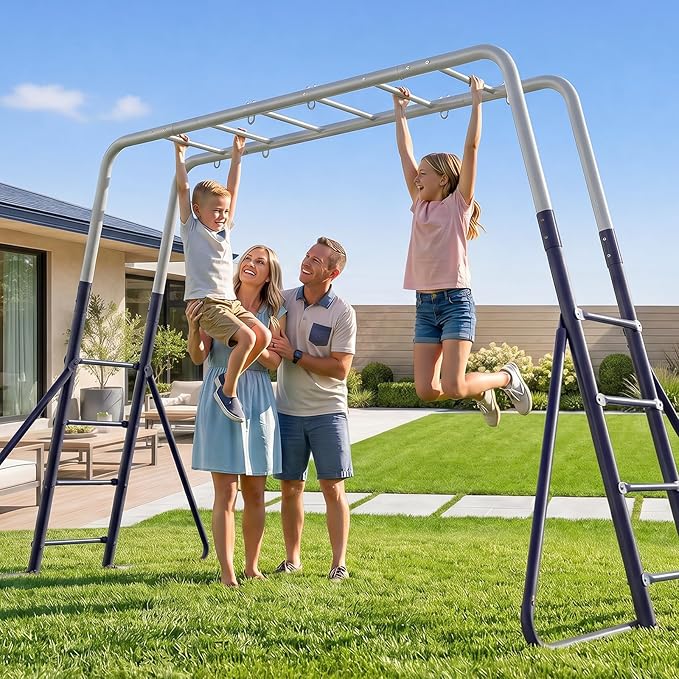 Hapfan Swing Sets for Backyard with Monkey Bars, 2 Belt Swings & Trapeze Bar- Heavy Duty Metal Outdoor Playground Sets for Kids, Backyard Playset (Dark Blue & Grey)