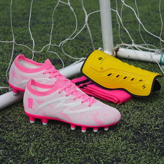 brooman Kids Firm Ground Soccer Cleats Boys Girls Football Shoes with Shin Guards and Soccer Socks
