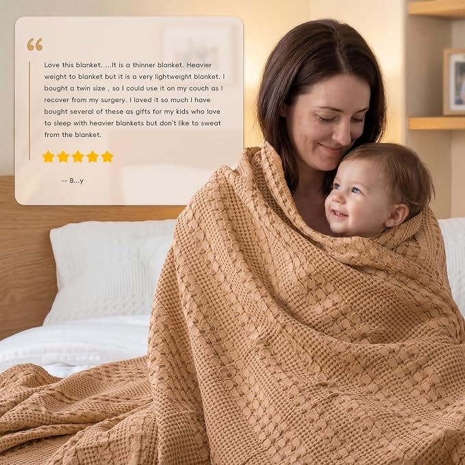 PHF 100% Cotton Waffle Weave Blanket Queen Size, Lightweight Breathable Summer Blanket for Hot Sleepers, Pre-Washed Soft Layer for Bed, Couch, Aesthetic Home Decor & Gift, 90"x90", Clay