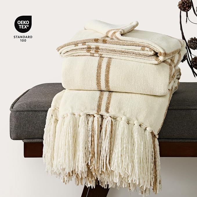 Plaid Chenille Knit Throw Blanket, 60"x80", Cream & Beige | Soft Knitted Throw with Tassels, Cozy, Lightweight, Windowpane Grid Plaid, Decorative Farmhouse Throw for Couch Bed Sofa Gift