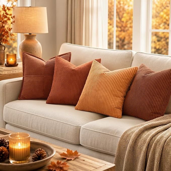 MIULEE Fall Euro Corduroy Throw Pillow Covers Set of 2 24x24 Rust | Soft Striped Textured Cushion Cases, Boho Rustic Square Pillowcases for Home Decor, for Couch Chair Sofa Bed Living Room