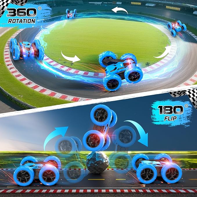cosone Remote Control Car, RC Cars Toys for Kids Ages 6-12, 4WD Stunt Car with LED Lights & 360° Flips, 2.4GHz, Upgraded USB-C Modular Batteries, 6-10 Year Old Boys Birthday Gift - Blue