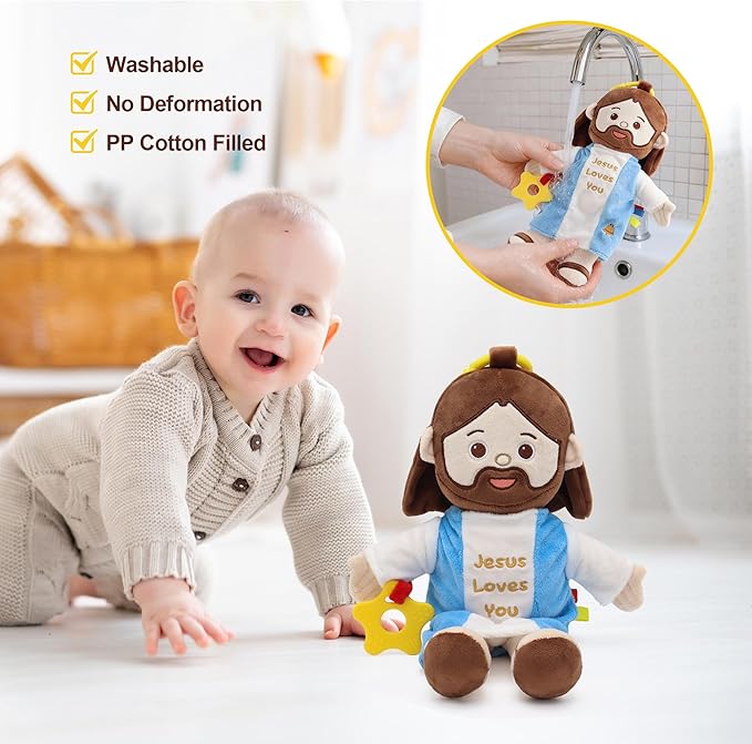 11.8" Jesus Baby Plush Toy Jesus Plushie with Multi-Sensory Accessories for Babies Gift Box for Baptism Baby Shower Easter Decoration