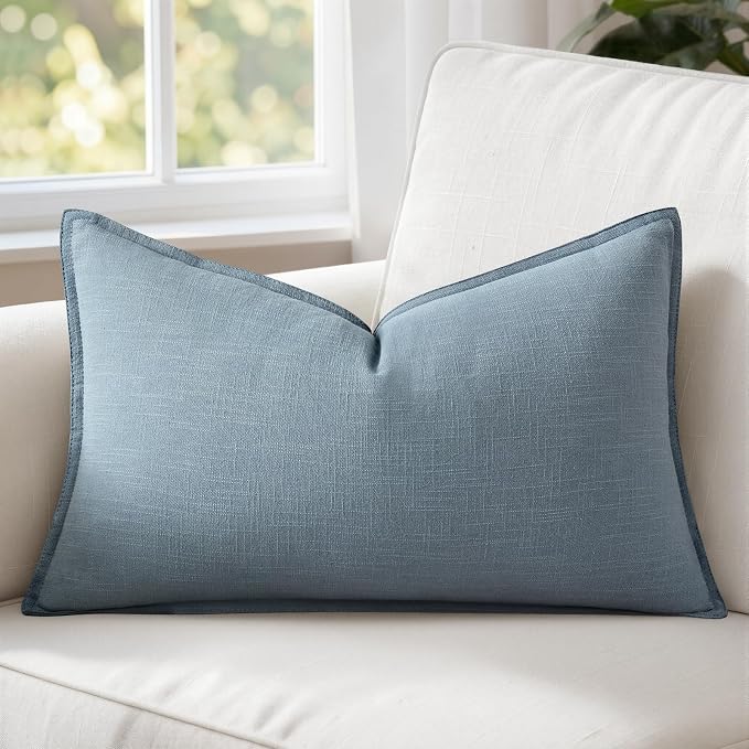 MIULEE Decorative Linen Lumbar Pillow Cover 12x20 Inch Blue Grey | Boho Farmhouse Couch Long Throw Pillow for Bed, Pack of 1 Accent Coastal Modern Pillowcase, Sofa Livingroom Home Decor