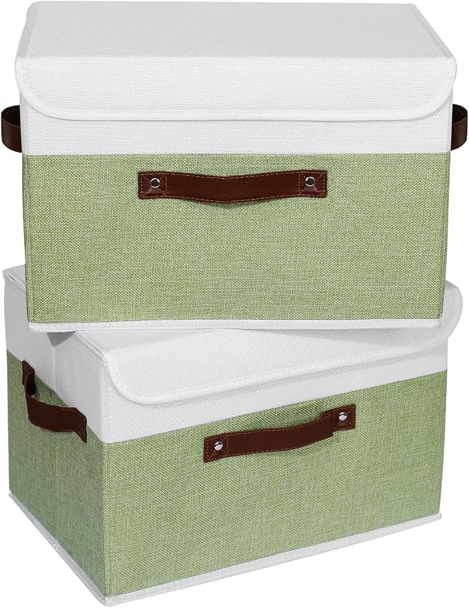 ANMINY Fabric Storage Box Bins with Lids, Green White, 15"x10"x10", 2 Pack | Keepsake Memory Storage, Cotton Linen, PP Board Reinforced, Washable, PU Handles, Foldable & Stackable, Decorative, Large