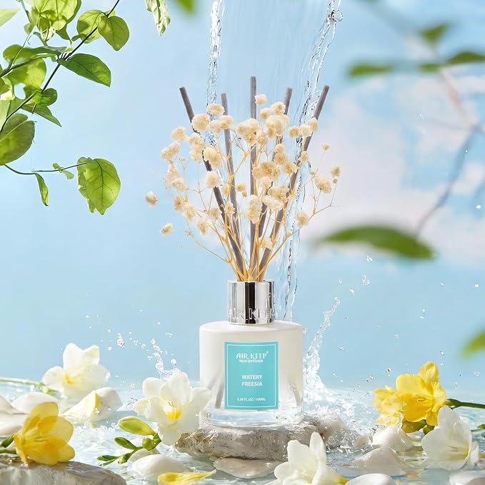 Airkeep Reed Diffuser Set,3.38 fl oz (100 ml) - Watery Freesia Oil Diffusers with 8 Reed Sticks, Home Fragrance Reed Diffuser for Bathroom Shelf Decor